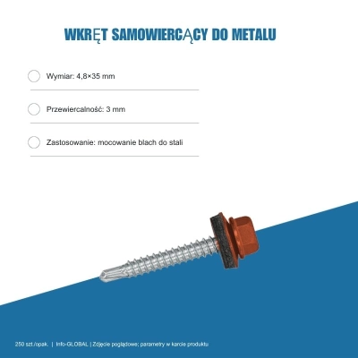 Wkręt samowiercący do metalu 4,8x35 mm, przewiercalność 3 mm, EPDM, 250 szt. – kolor do wyboru